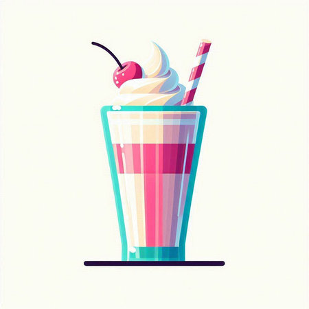 Milkshake with whipped cream and cherry in a glass. Vector illustration.のイラスト素材