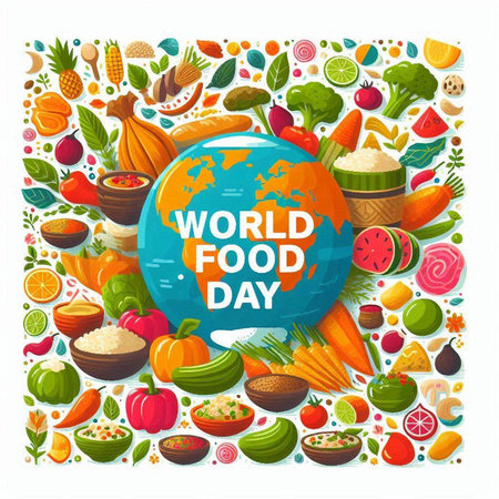 World food day poster with cartoon vegetables and fruits on white background vector illustrationのイラスト素材