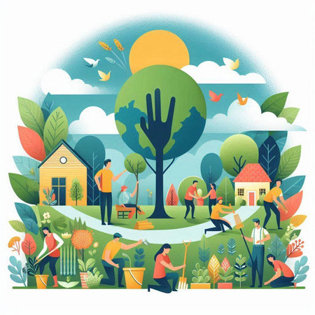 Gardening concept with people working in the garden, vector illustrationのイラスト素材