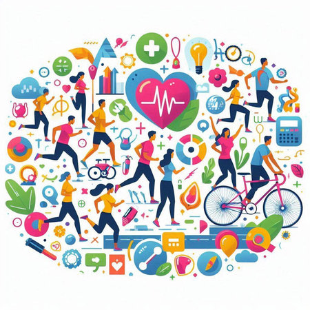 Healthy lifestyle concept with people running, cycling, running, running, running, jumping, running. Vector illustration.のイラスト素材