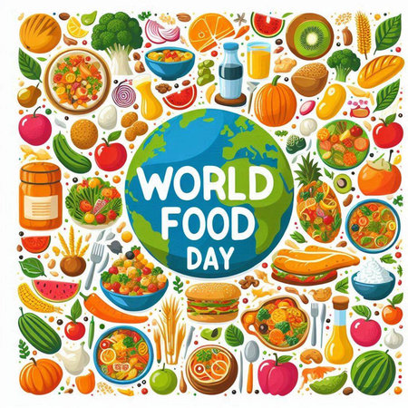 World food day poster with healthy food and world map on white background vector illustrationのイラスト素材