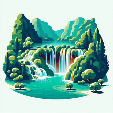 Waterfall in the forest. Vector illustration in a flat style.のイラスト素材