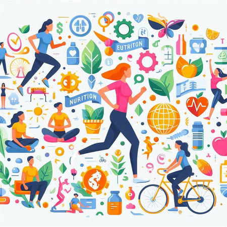 Healthy lifestyle concept with people and sport icons. Vector illustration.のイラスト素材