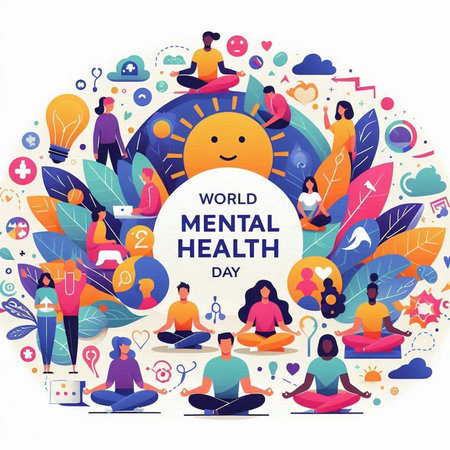 World mental health day concept with people doing yoga and meditation. Vector illustrationのイラスト素材