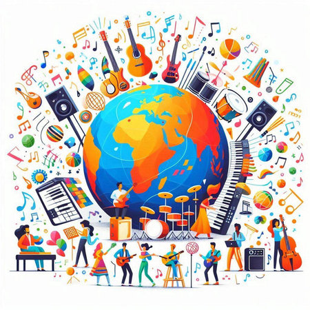 Music festival background with musical instruments and planet Earth. Vector illustration.のイラスト素材