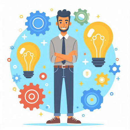 Businessman with light bulbs and gears. Idea concept. Vector illustrationのイラスト素材