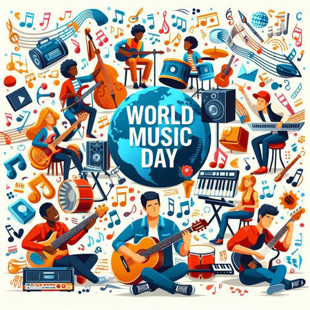 World music day poster with musical instruments and people cartoon characters vector illustrationのイラスト素材