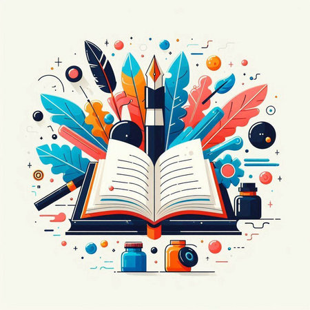 Colorful vector illustration with open book, pen, ink, feather and other objects.のイラスト素材