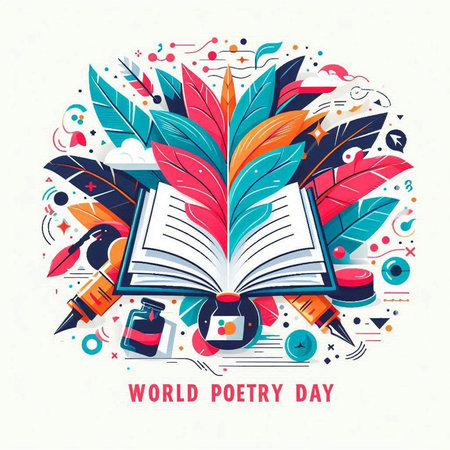 World poetry day poster with open book and feather. Vector illustration.のイラスト素材