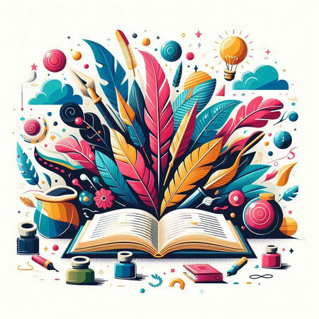 Vector illustration of an open book with feathers, books and other items.のイラスト素材