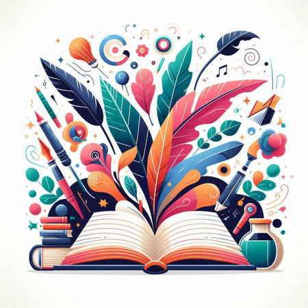 Vector illustration of open book with feather, pen, pencils, paints, brushes and other objectsのイラスト素材