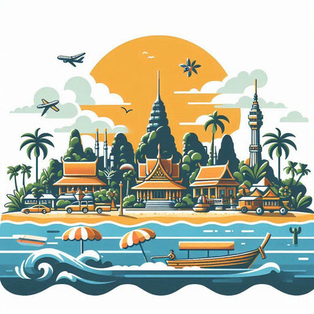 Buddhist temple on the beach in Thailand. Vector illustration.のイラスト素材