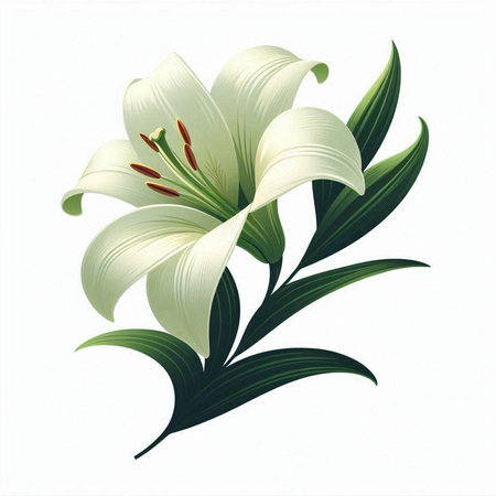 White lily with green leaves isolated on white background. Vector illustration.のイラスト素材