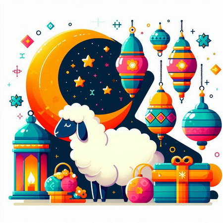 Ramadan Kareem greeting card with sheep and lanterns. Vector illustrationのイラスト素材