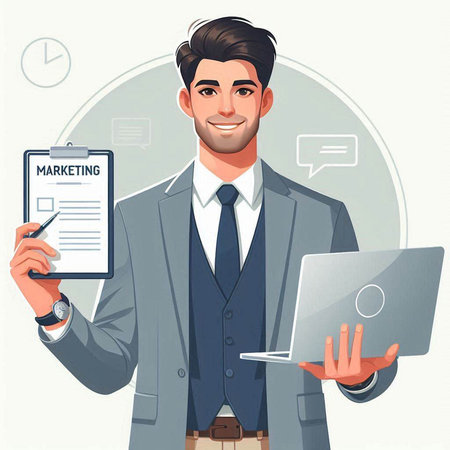 Businessman with laptop and clipboard. Vector illustration in cartoon style.のイラスト素材