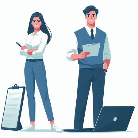 Vector illustration of a young businessman and businesswoman standing with laptop.のイラスト素材