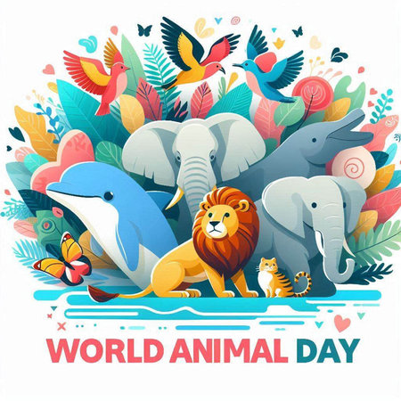 World Animal Day banner with cute cartoon animals. Vector Illustration.のイラスト素材