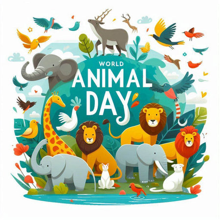 World animal day concept with cute cartoon animals. Vector illustration for your designのイラスト素材