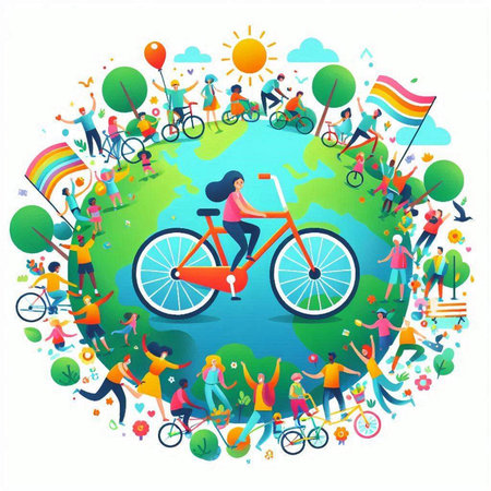 Flat design vector illustration concept of LGBT community. People riding bicycles on the background of the globe.のイラスト素材