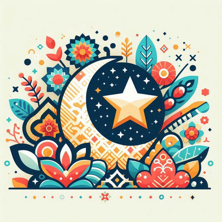 Vector illustration with moon, stars and flowers. Colorful background.のイラスト素材
