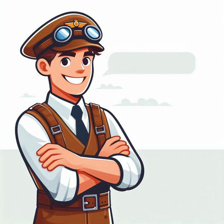 Smiling pilot with crossed arms. Vector illustration in cartoon style.のイラスト素材