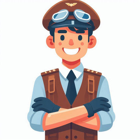 Smiling pilot in uniform with crossed arms. Cartoon vector illustration.のイラスト素材