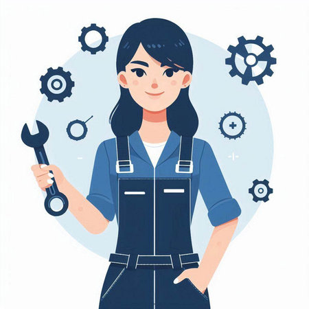 Female Mechanic Holding Wrench and Cogwheels. Vector Illustrationのイラスト素材