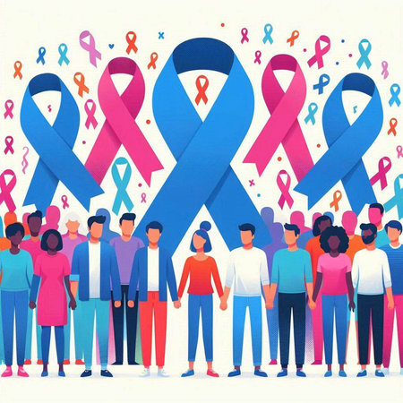 Breast Cancer Awareness Ribbon Concept. Group of People with Cancer Awareness Ribbon. Vector Illustrationのイラスト素材