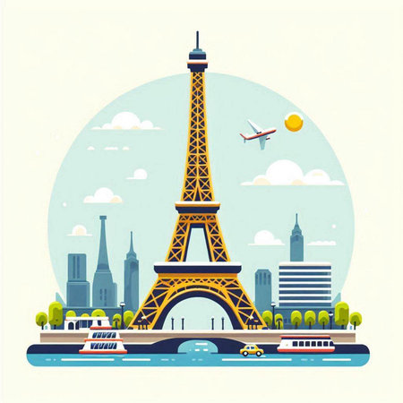 Eiffel tower in Paris, France. Vector illustration in flat styleのイラスト素材