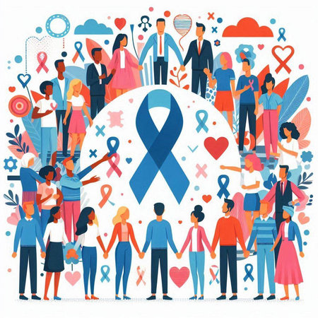 Breast Cancer Awareness Month. Group of people with awareness ribbon. Vector illustrationのイラスト素材