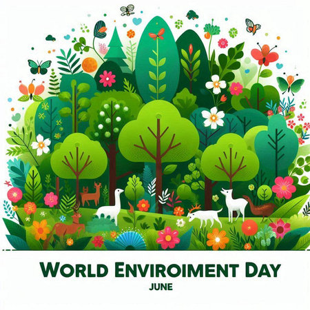 World Environment Day card with flowers, trees and grass. Vector illustration.のイラスト素材