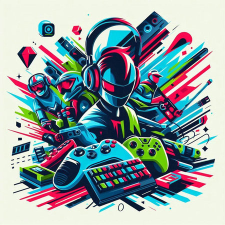 Colorful illustration of a gamer playing video games. Vector illustration.のイラスト素材
