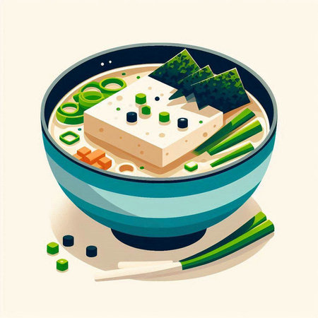 Japanese soup with tofu and vegetables in a bowl. Vector illustration.のイラスト素材