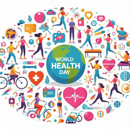 World Health Day banner with people and icons in flat style. Vector illustration.のイラスト素材