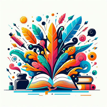 Vector illustration of an open book with colorful feathers and fountain pen.のイラスト素材