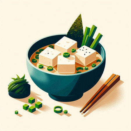 Illustration of a bowl of miso soup with tofu and vegetablesのイラスト素材
