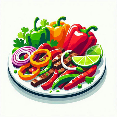 Illustration of a plate with fresh vegetables on a white background.のイラスト素材