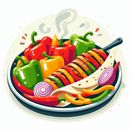 Vector illustration of grilled vegetables in frying pan on white background. Vegetarian food.のイラスト素材