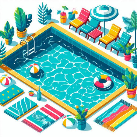Pool isometric composition with swimming pool and sunbeds vector illustrationのイラスト素材