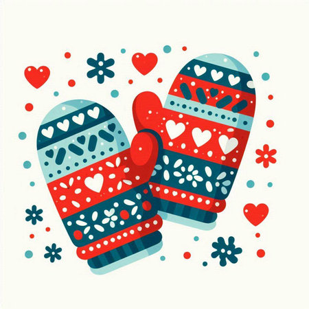 Christmas mittens with hearts and snowflakes. Vector illustration.のイラスト素材