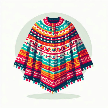 Vector illustration of a colorful poncho with ethnic pattern on a white backgroundのイラスト素材