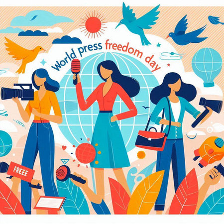 World Press Freedom Day vector banner. Group of women with microphone, megaphone, camera, book, globe, flying birds and other elements on background.のイラスト素材