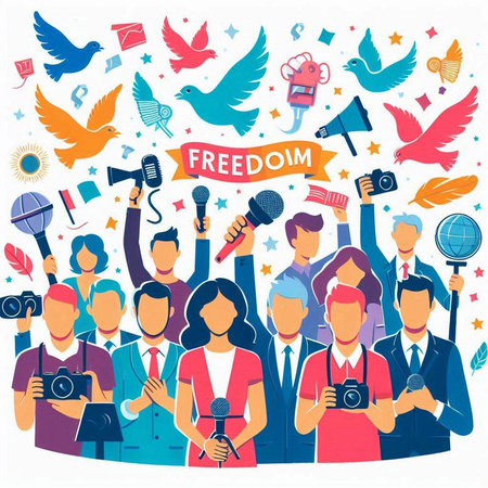 Vector illustration of a group of people, journalists, journalists, cameraman, videographer, journalist, cameraman, journalist.のイラスト素材