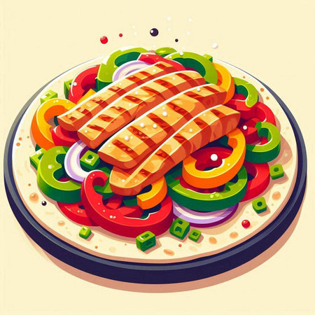 Salmon steak with vegetables on the plate. Vector illustration in cartoon style.のイラスト素材