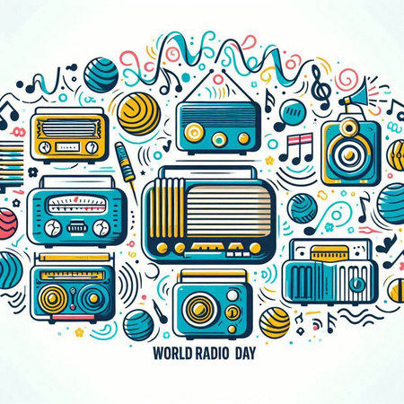 Vector illustration of vintage radio set in line art style. Colorful design elements.のイラスト素材
