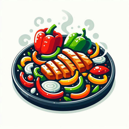 Grilled chicken fillet with vegetables in frying pan. Vector illustration.のイラスト素材