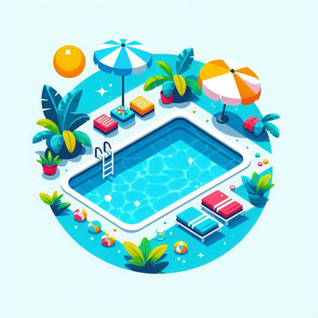 Swimming pool isometric composition with swimming pool and palm trees vector illustrationのイラスト素材