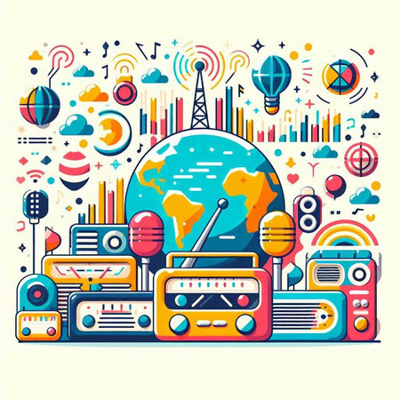 Retro radio set and planet earth. Colorful flat vector illustration.のイラスト素材