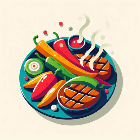 Grilled meat and vegetables on a plate. Vector illustration in flat style.のイラスト素材
