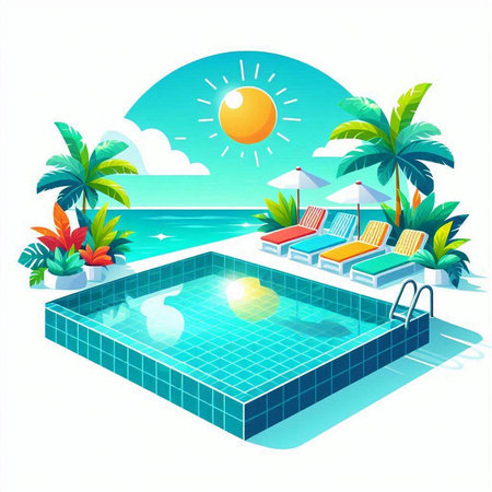 Swimming pool with sun loungers and palm trees, vector illustrationのイラスト素材